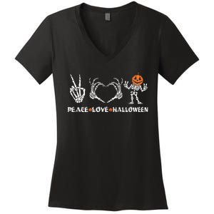 Peace Love Halloween Happy Halloween Pumpkin Skeleton Hands Women's V-Neck T-Shirt