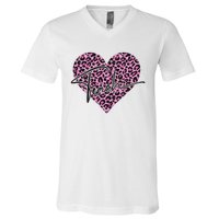 Pink Love Heart Leopard Print Teacher V-Neck T-Shirt