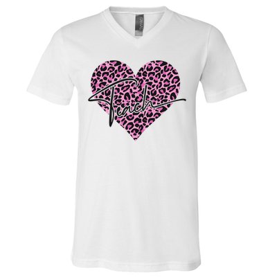 Pink Love Heart Leopard Print Teacher V-Neck T-Shirt