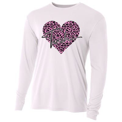 Pink Love Heart Leopard Print Teacher Cooling Performance Long Sleeve Crew