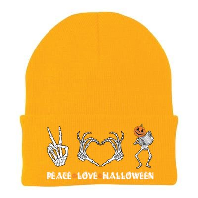 Peace Love Halloween Pumpkin Skeleton Playing Accordion Funny Gift Knit Cap Winter Beanie