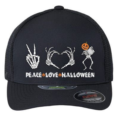 Peace Love Halloween Pumpkin Skeleton Playing Accordion Funny Gift Flexfit Unipanel Trucker Cap