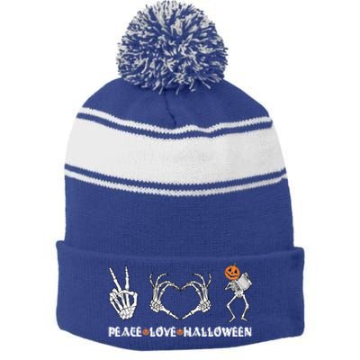 Peace Love Halloween Pumpkin Skeleton Playing Accordion Funny Gift Stripe Pom Pom Beanie