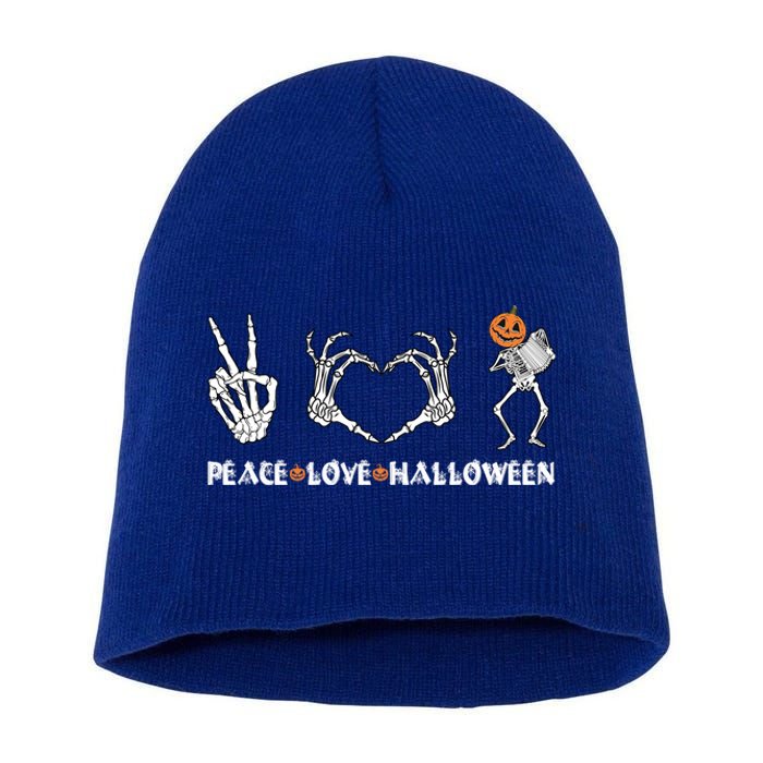 Peace Love Halloween Pumpkin Skeleton Playing Accordion Funny Gift Short Acrylic Beanie