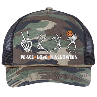 Peace Love Halloween Pumpkin Skeleton Playing Accordion Funny Gift Retro Rope Trucker Hat Cap