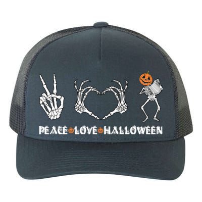 Peace Love Halloween Pumpkin Skeleton Playing Accordion Funny Gift Yupoong Adult 5-Panel Trucker Hat