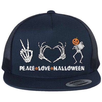 Peace Love Halloween Pumpkin Skeleton Playing Accordion Funny Gift Flat Bill Trucker Hat