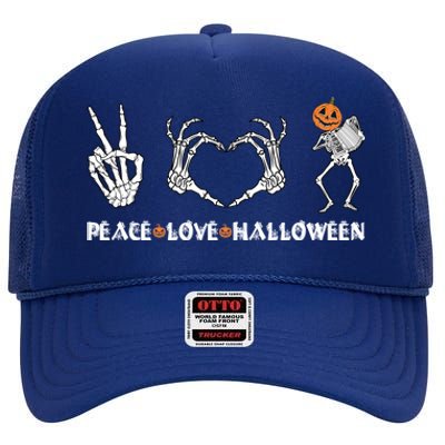 Peace Love Halloween Pumpkin Skeleton Playing Accordion Funny Gift High Crown Mesh Back Trucker Hat