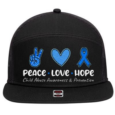 Peace Love Hope Child Abuse Awareness Blue Ribbon 7 Panel Mesh Trucker Snapback Hat