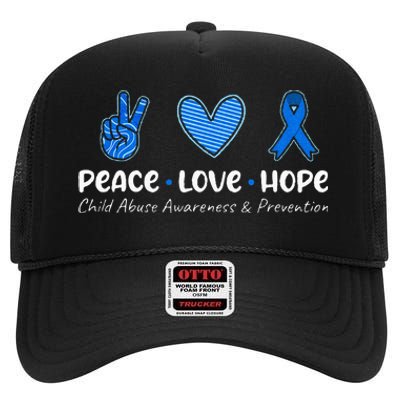 Peace Love Hope Child Abuse Awareness Blue Ribbon High Crown Mesh Back Trucker Hat