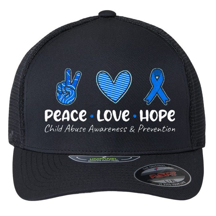 Peace Love Hope Child Abuse Awareness Blue Ribbon Flexfit Unipanel Trucker Cap