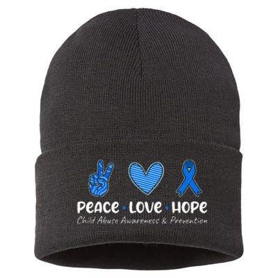 Peace Love Hope Child Abuse Awareness Blue Ribbon Sustainable Knit Beanie