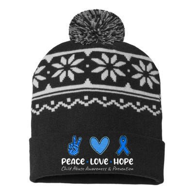 Peace Love Hope Child Abuse Awareness Blue Ribbon USA-Made Snowflake Beanie