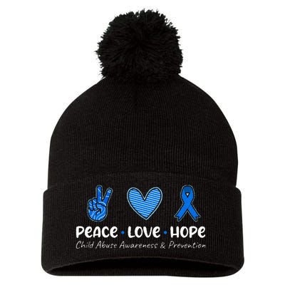 Peace Love Hope Child Abuse Awareness Blue Ribbon Pom Pom 12in Knit Beanie