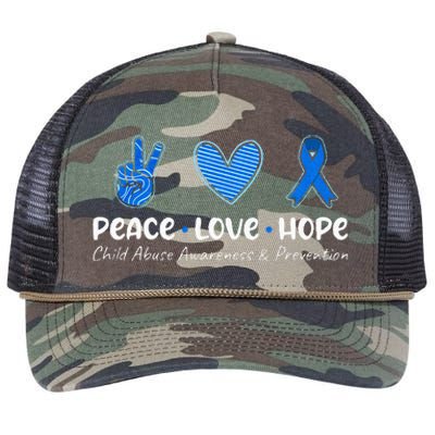 Peace Love Hope Child Abuse Awareness Blue Ribbon Retro Rope Trucker Hat Cap