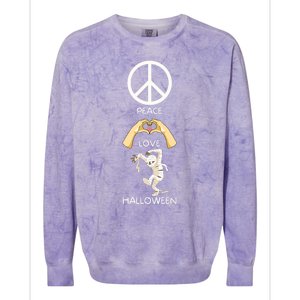 Peace Love Halloween Mummy Hand Heart Peace Sign Costume Gift Colorblast Crewneck Sweatshirt