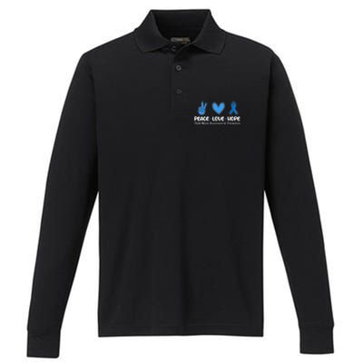 Peace Love Hope Abuse Awareness Prevention Blue Ribbon Gift Performance Long Sleeve Polo