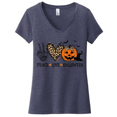 Peace Love Halloween Happy Halloween Pumpkin Leopard Heart Women's V-Neck T-Shirt