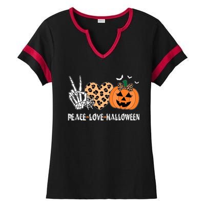 Peace Love Halloween Scary Pumpkin Leopard Skeleton Ladies Halftime Notch Neck Tee