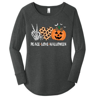 Peace Love Halloween Scary Pumpkin Leopard Skeleton Women's Perfect Tri Tunic Long Sleeve Shirt