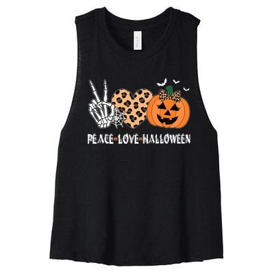 Peace Love Halloween Scary Pumpkin Leopard Skeleton Women's Racerback Cropped Tank