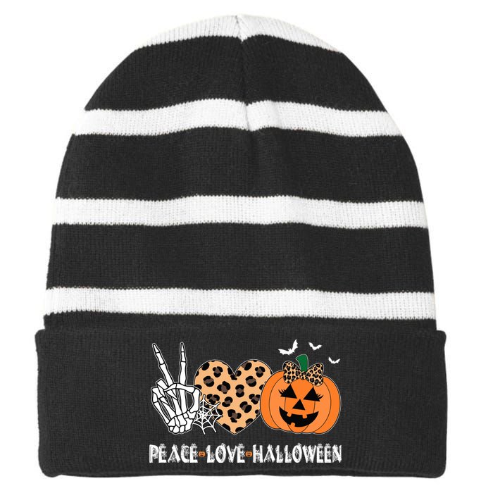 Peace Love Halloween Scary Pumpkin Leopard Skeleton Striped Beanie with Solid Band