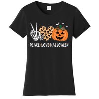 Peace Love Halloween Scary Pumpkin Leopard Skeleton Women's T-Shirt