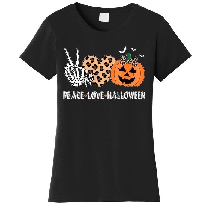 Peace Love Halloween Scary Pumpkin Leopard Skeleton Women's T-Shirt