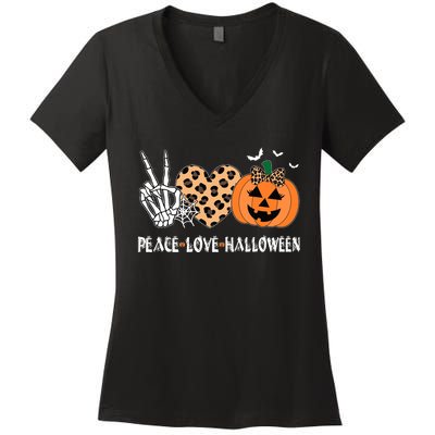 Peace Love Halloween Scary Pumpkin Leopard Skeleton Women's V-Neck T-Shirt