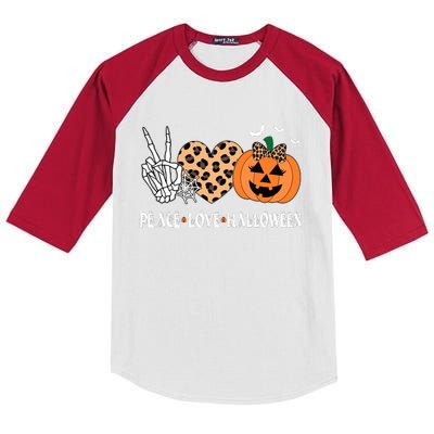 Peace Love Halloween Scary Pumpkin Leopard Skeleton Kids Colorblock Raglan Jersey