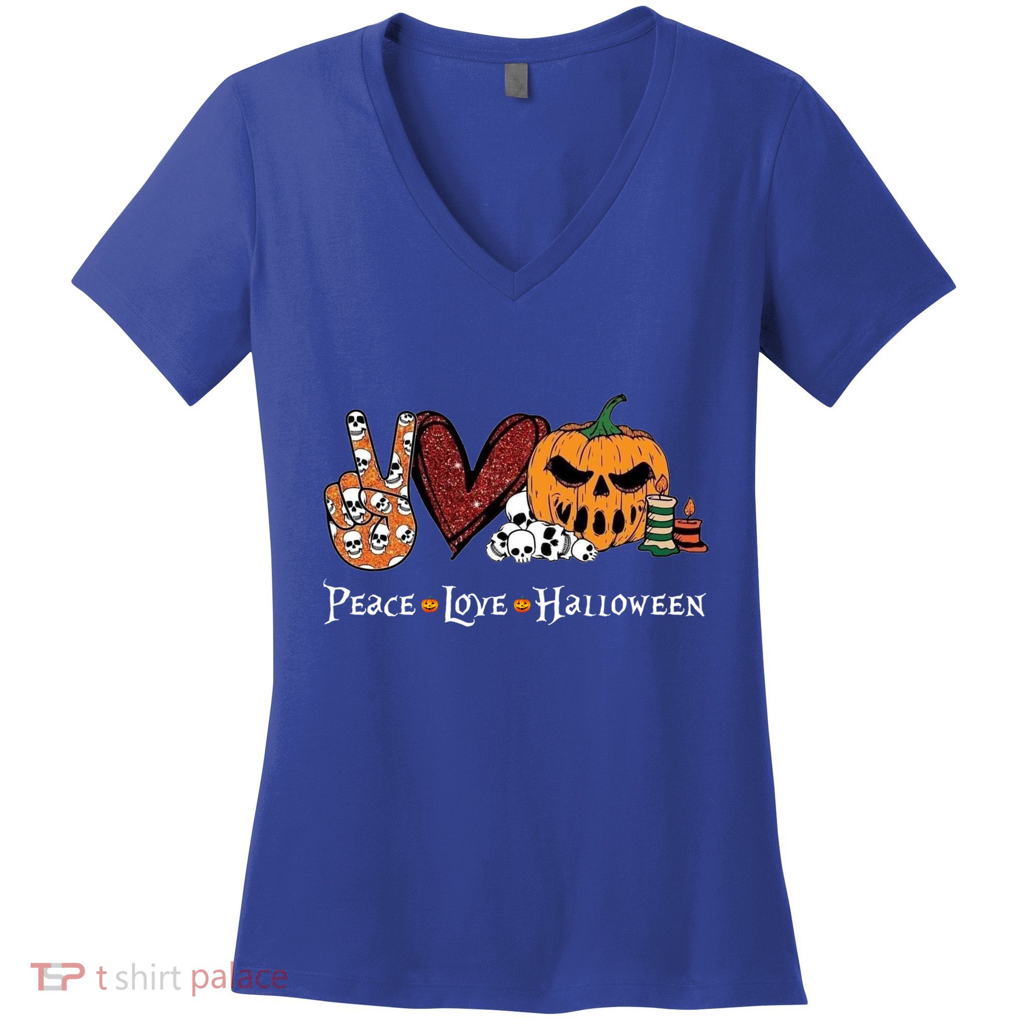 Peace Love Halloween Pumpkin Skull Funny Halloween Costume Gift Women's V-Neck T-Shirt
