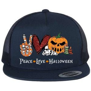 Peace Love Halloween Pumpkin Skull Funny Halloween Costume Gift Flat Bill Trucker Hat