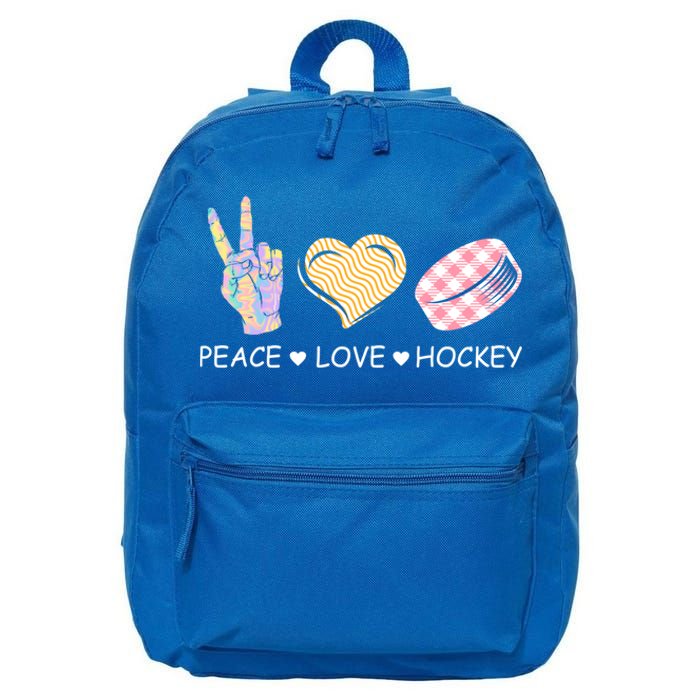 Peace Love Hockey Retro Ice Hockey Player Puck Lover Gift 16 in Basic Backpack