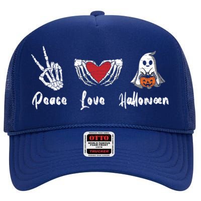 Peace Love Halloween Skeleton Hand Heart Gift High Crown Mesh Back Trucker Hat