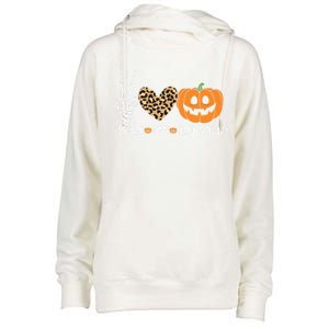 Peace Love Halloween Skeleton Hand Pumpkin Leopard Heart Cool Gift Womens Funnel Neck Pullover Hood