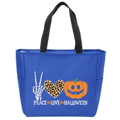 Peace Love Halloween Skeleton Hand Pumpkin Leopard Heart Cool Gift Zip Tote Bag