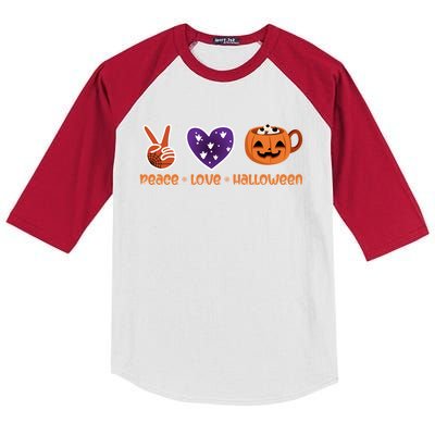 Peace Love Halloween Spirit Spooky Pumpkin Cocoa Tea Cool Gift Kids Colorblock Raglan Jersey