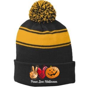 Peace Love Halloween Pumpkin Face Stripe Pom Pom Beanie