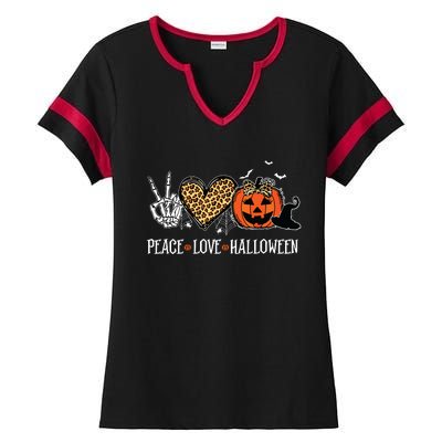 Peace Love Halloween Happy Halloween Pumpkin Leopard Heart Ladies Halftime Notch Neck Tee