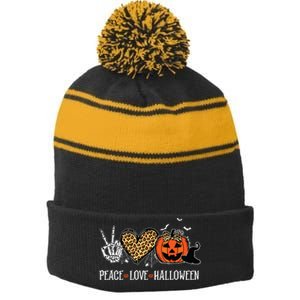 Peace Love Halloween Happy Halloween Pumpkin Leopard Heart Stripe Pom Pom Beanie