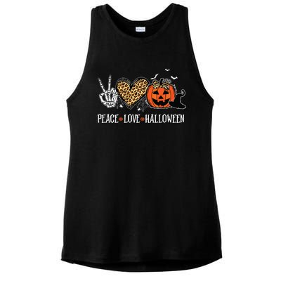 Peace Love Halloween Happy Halloween Pumpkin Leopard Heart Ladies PosiCharge Tri-Blend Wicking Tank