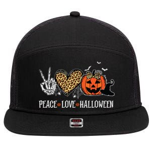 Peace Love Halloween Happy Halloween Pumpkin Leopard Heart 7 Panel Mesh Trucker Snapback Hat