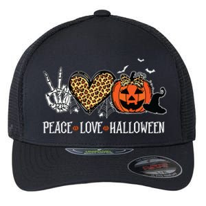 Peace Love Halloween Happy Halloween Pumpkin Leopard Heart Flexfit Unipanel Trucker Cap