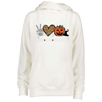 Peace Love Halloween Happy Halloween Pumpkin Leopard Heart Womens Funnel Neck Pullover Hood