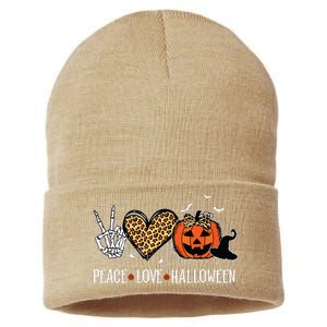 Peace Love Halloween Happy Halloween Pumpkin Leopard Heart Sustainable Knit Beanie