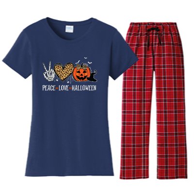 Peace Love Halloween Happy Halloween Pumpkin Leopard Heart Women's Flannel Pajama Set