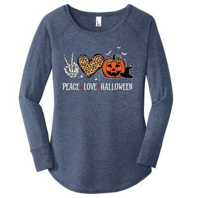 Peace Love Halloween Happy Halloween Pumpkin Leopard Heart Women's Perfect Tri Tunic Long Sleeve Shirt