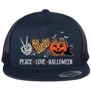 Peace Love Halloween Happy Halloween Pumpkin Leopard Heart Flat Bill Trucker Hat