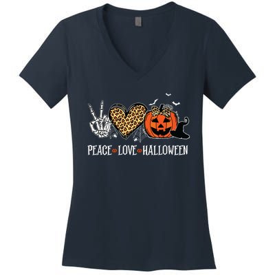 Peace Love Halloween Happy Halloween Pumpkin Leopard Heart Women's V-Neck T-Shirt