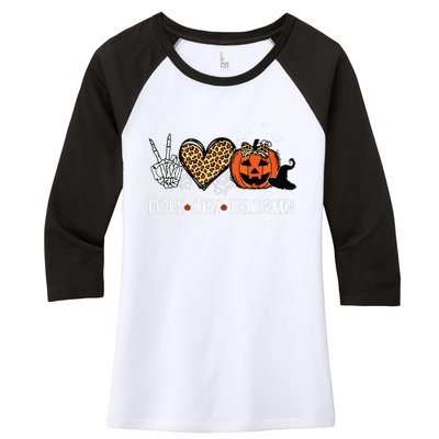 Peace Love Halloween Happy Halloween Pumpkin Leopard Heart Women's Tri-Blend 3/4-Sleeve Raglan Shirt